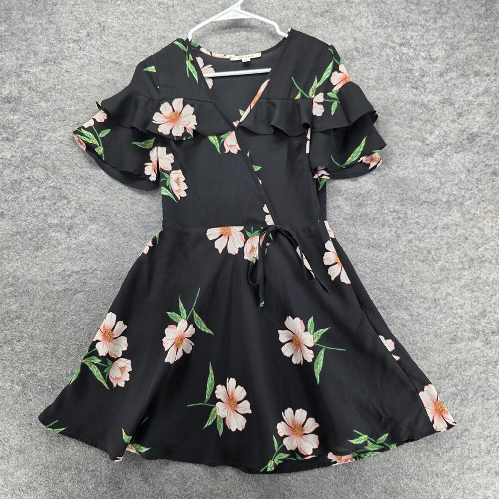 Miami Dress Womens Small Black Floral Wrap Ruffle Fit Flare Flutter Sleeve